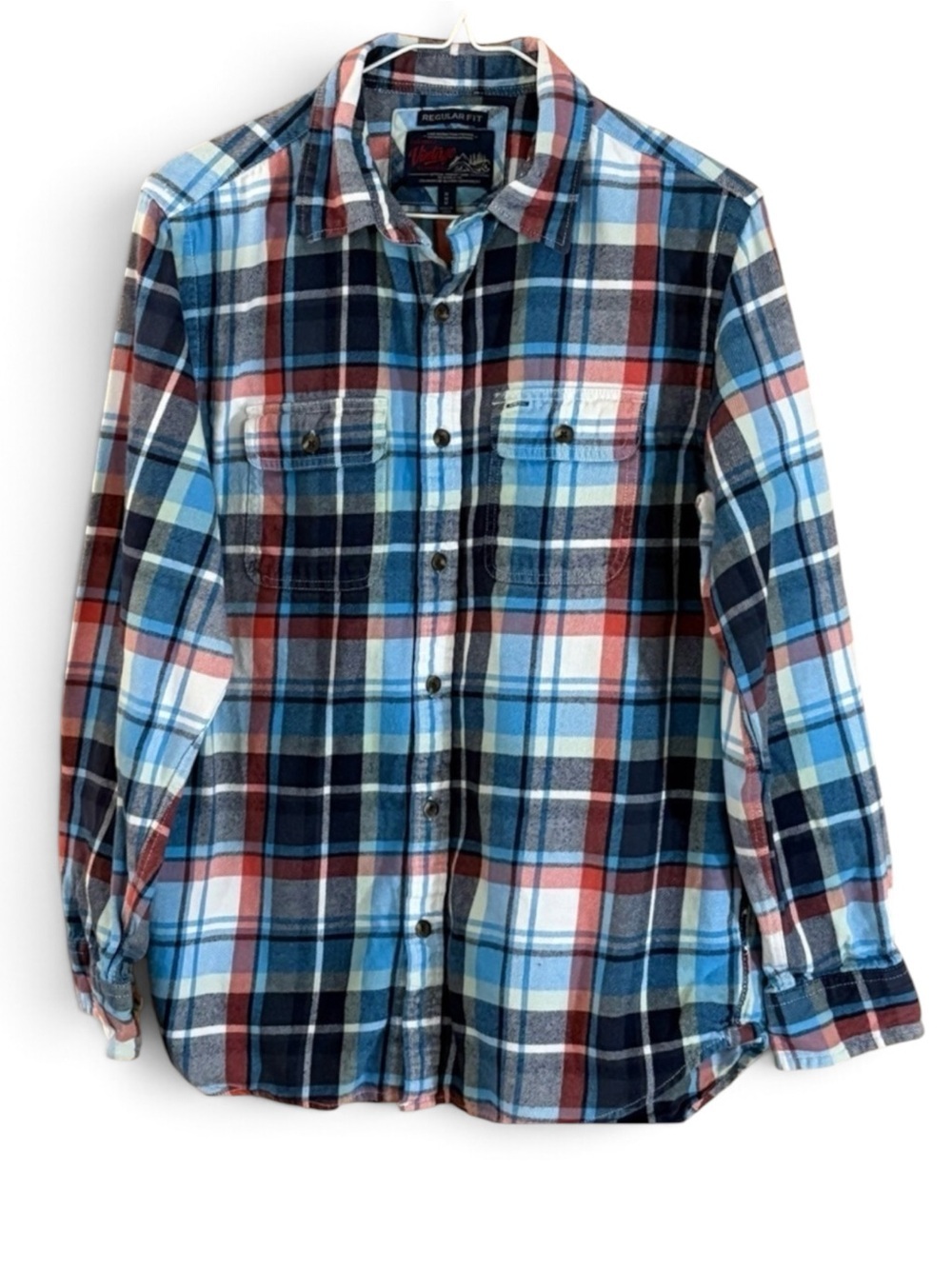 Old Navy Blue and Peach Flannel Plaid Button Down Shirt